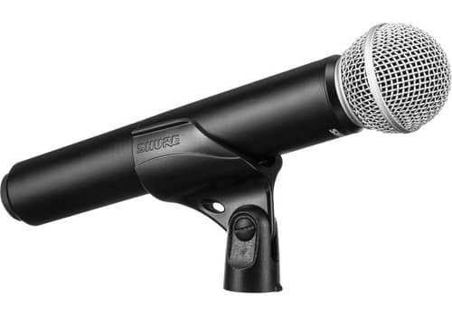 Shure transmisor de mano BLX2 con cápsula Beta 58a y pinza vista de perfil