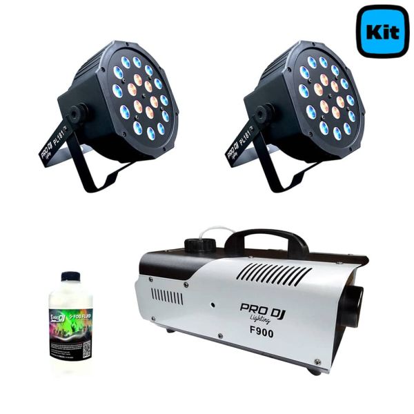 Kit Básico de Iluminación, dos luces LED PL181, máquina de humo F900 y un litro de químico para humo